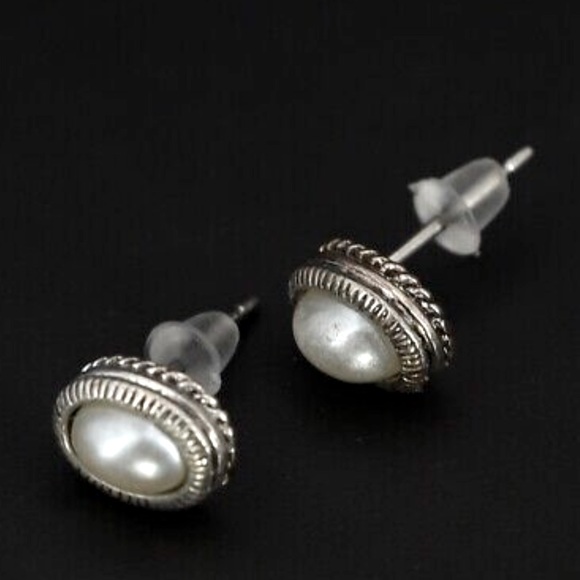 Sterling Silver Jewelry - Sterling Silver - Braided Faux Pearl Post Earrings - 1g